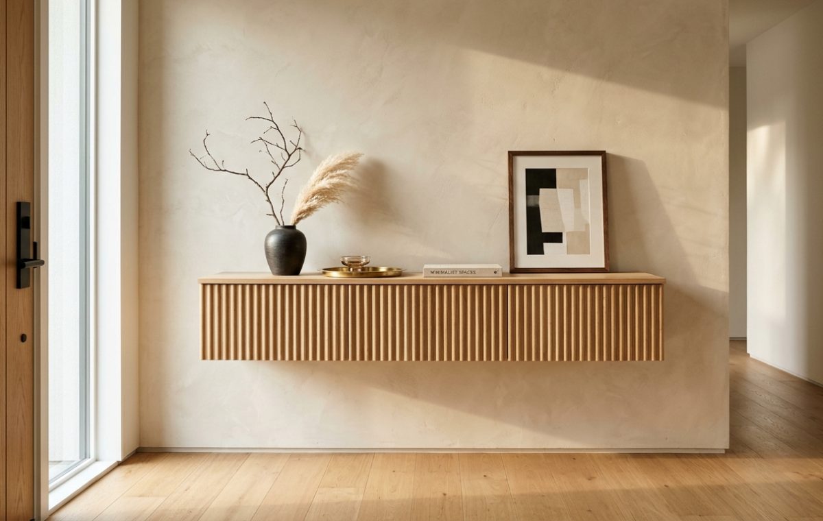 Editorial hero shot of a modern floating entryway console in fluted white oak against a limewash wall, illustrating narrow entryway ideas.