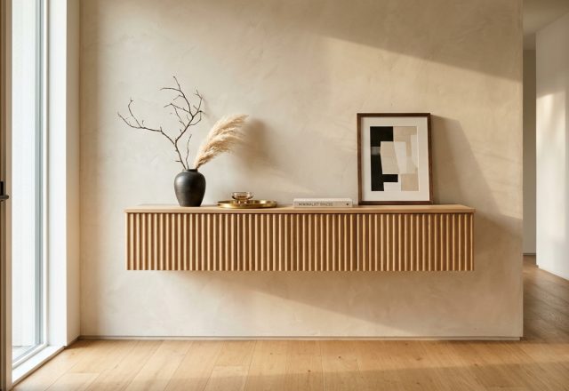 Editorial hero shot of a modern floating entryway console in fluted white oak against a limewash wall, illustrating narrow entryway ideas.