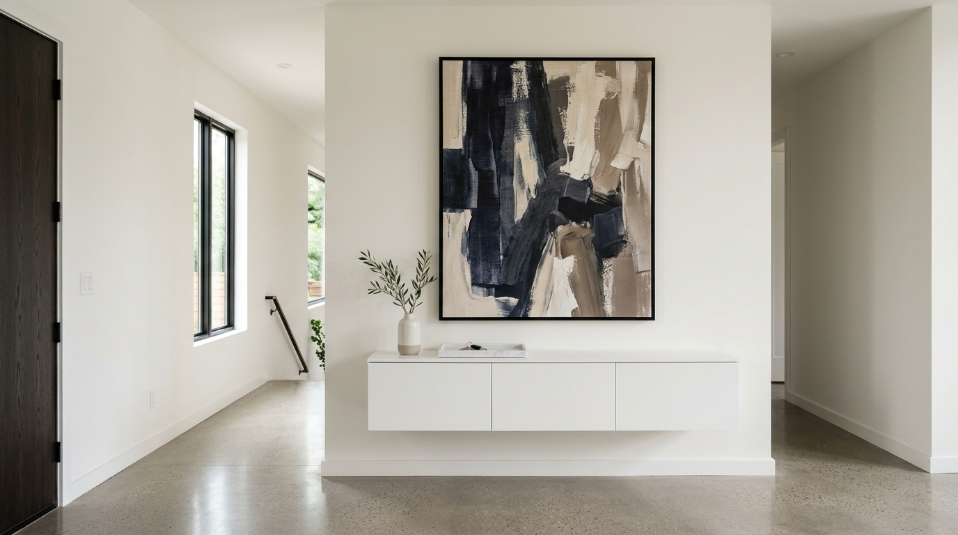 Minimalist hallway layout design featuring a suspended console and a simple abstract painting for architectural focus. Minimalist hallway layout design featuring a suspended console and a simple abstract painting for architectural focus.