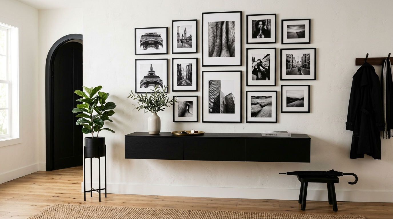 Entryway wall decor featuring a series of tonal textured art pieces above a long, monolithic floating white console. Entryway wall decor featuring a series of tonal textured art pieces above a long, monolithic floating white console.