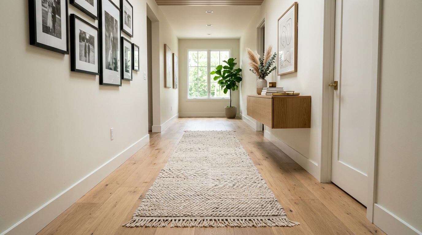 A narrow hallway runner rug in a subtle herringbone pattern leading the eye toward a zero-gravity entryway setup. A narrow hallway runner rug in a subtle herringbone pattern leading the eye toward a zero-gravity entryway setup.