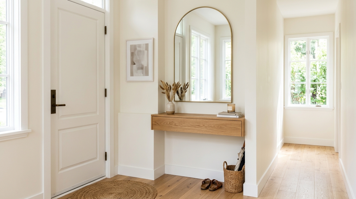 Small entryway console table with mirror showing the reflection of a bright living area, creating an illusion of space. Small entryway console table with mirror showing the reflection of a bright living area, creating an illusion of space.