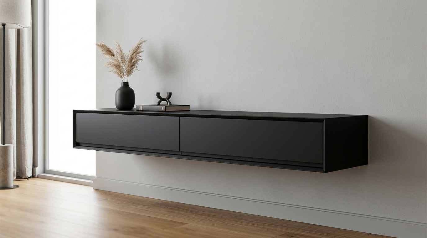 Modern floating entryway shelf with drawers in a matte black finish, creating a bold contrast against ivory walls. Modern floating entryway shelf with drawers in a matte black finish, creating a bold contrast against ivory walls.