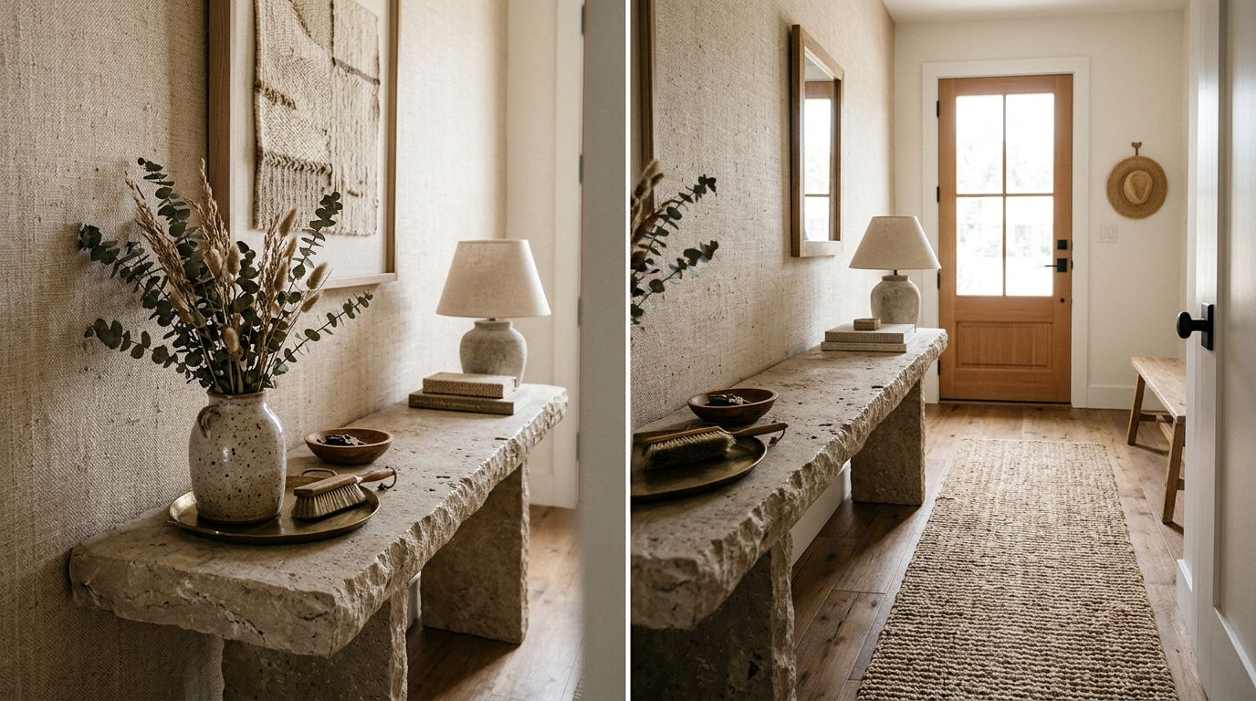 Tactile grouping of a stone console, a wool runner, and a linen wall covering in a narrow foyer. Tactile grouping of a stone console, a wool runner, and a linen wall covering in a narrow foyer.