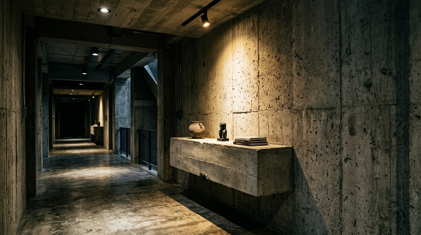A Brutalist-inspired concrete floating console in a narrow hallway with directional task lighting. A Brutalist-inspired concrete floating console in a narrow hallway with directional task lighting.