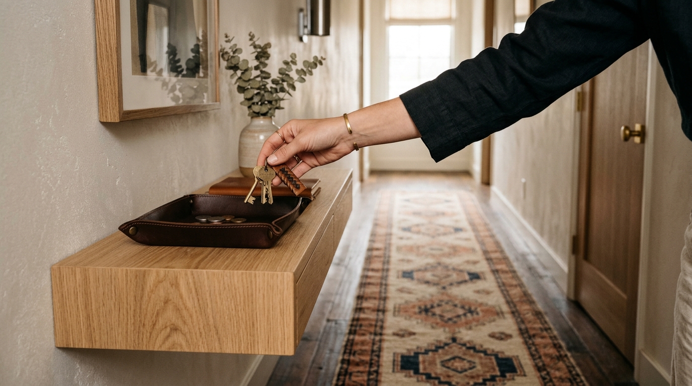 A lifestyle shot of a high-end narrow entryway with a leather key tray on a floating shelf and a narrow hallway runner rug. A lifestyle shot of a high-end narrow entryway with a leather key tray on a floating shelf and a narrow hallway runner rug.