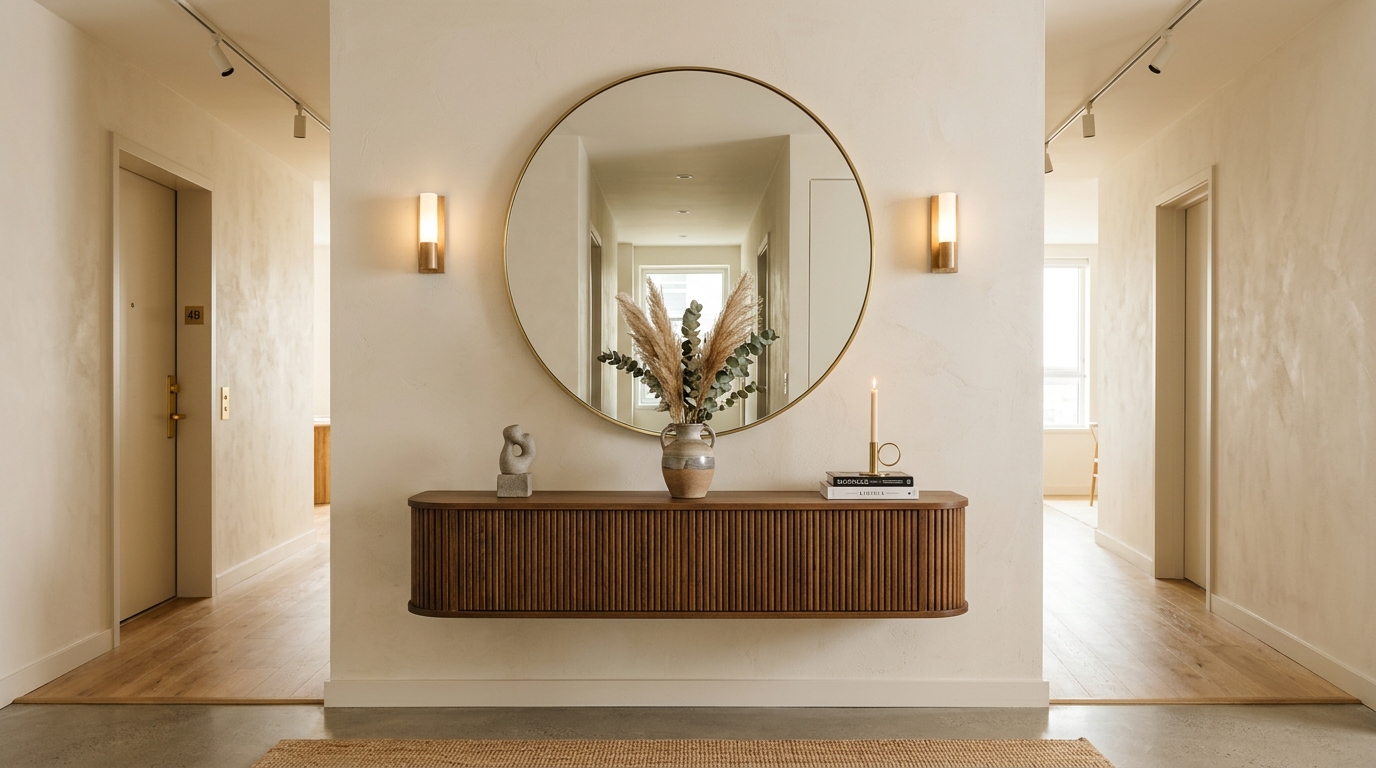 Symmetry in design: A large circular mirror placed above a floating wood console with integrated drawers for foyer organization. Symmetry in design: A large circular mirror placed above a floating wood console with integrated drawers for foyer organization.