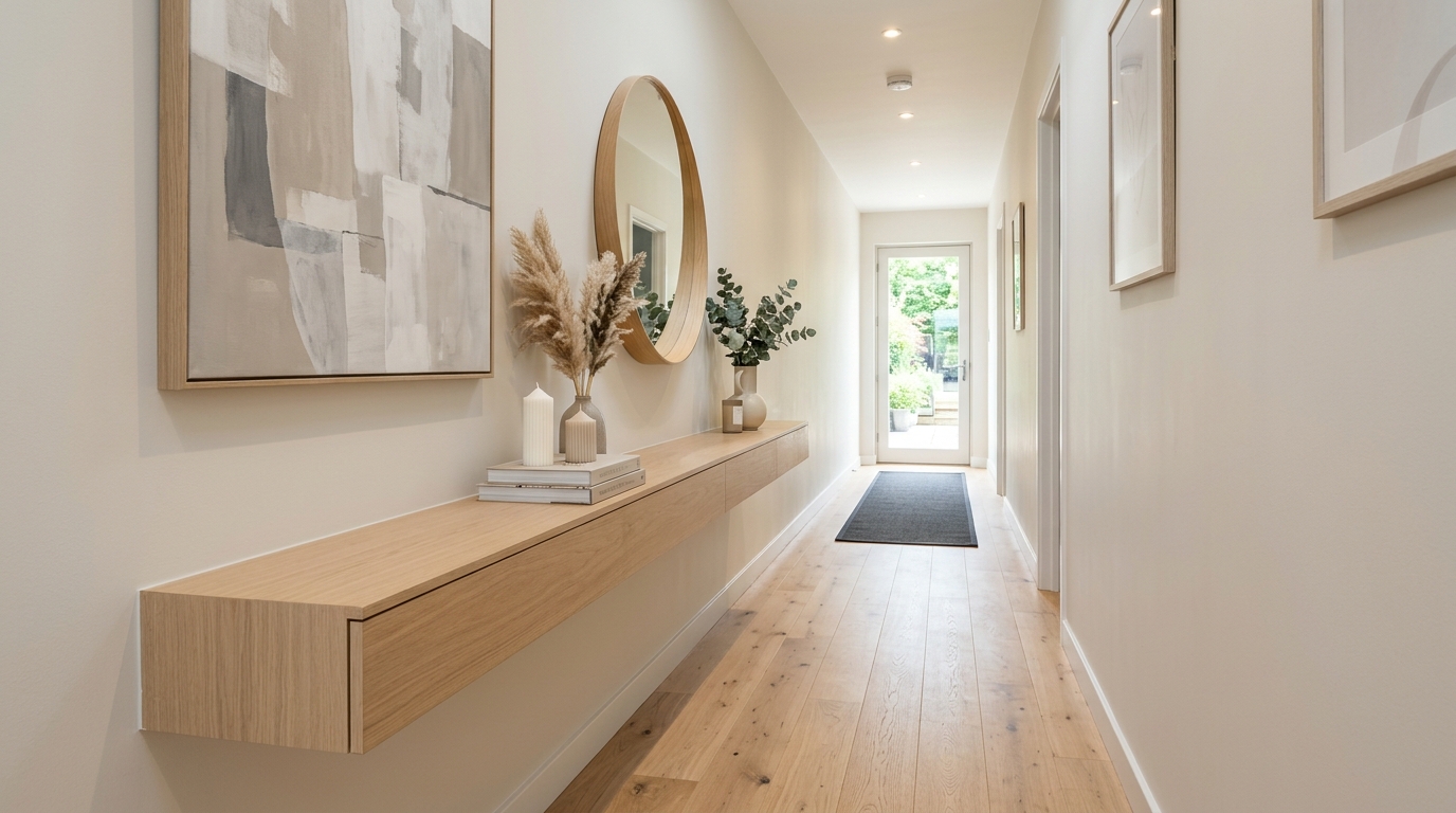 Wide angle view of a narrow hallway using a slim floating console to maximize square footage in an urban apartment. Wide angle view of a narrow hallway using a slim floating console to maximize square footage in an urban apartment.