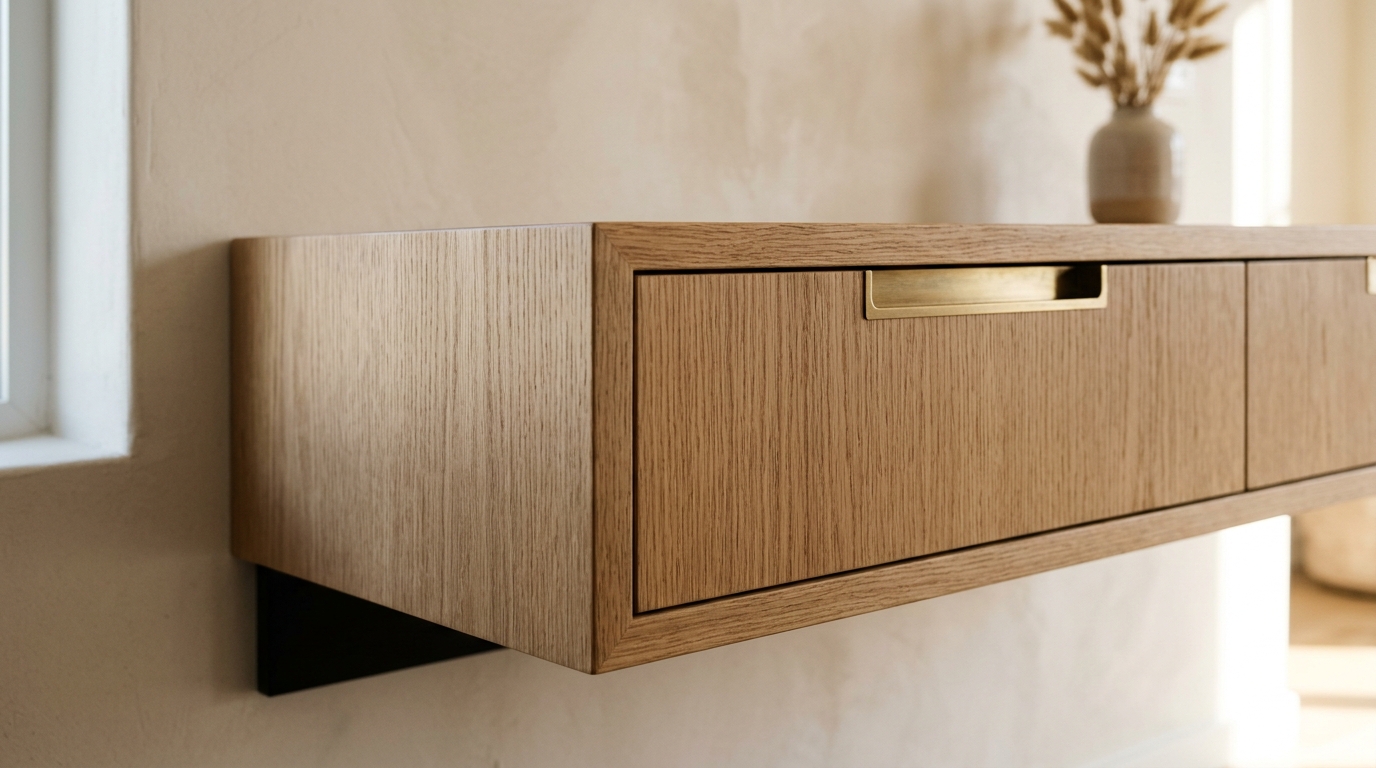 Detailed texture of a rift-sawn oak floating shelf with brass hardware, embodying sophisticated small entryway decor ideas. Detailed texture of a rift-sawn oak floating shelf with brass hardware, embodying sophisticated small entryway decor ideas.