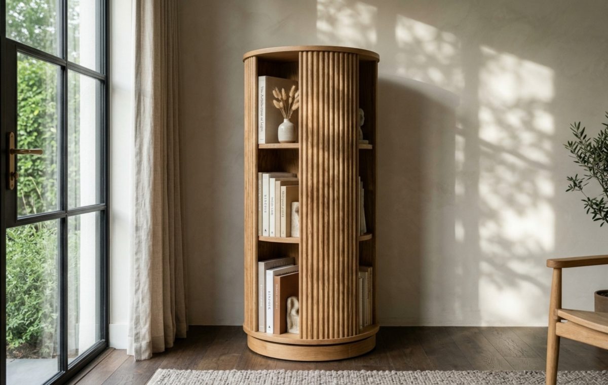 A sleek white oak 360-degree rotating bookshelf positioned in a sun-drenched corner of a modern living room, featuring fluted wood details and organic modern decor.