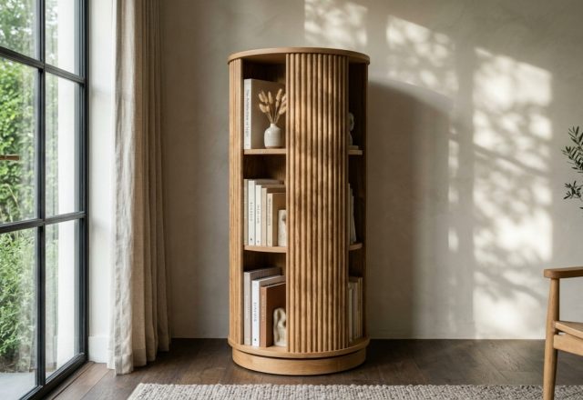 A sleek white oak 360-degree rotating bookshelf positioned in a sun-drenched corner of a modern living room, featuring fluted wood details and organic modern decor.