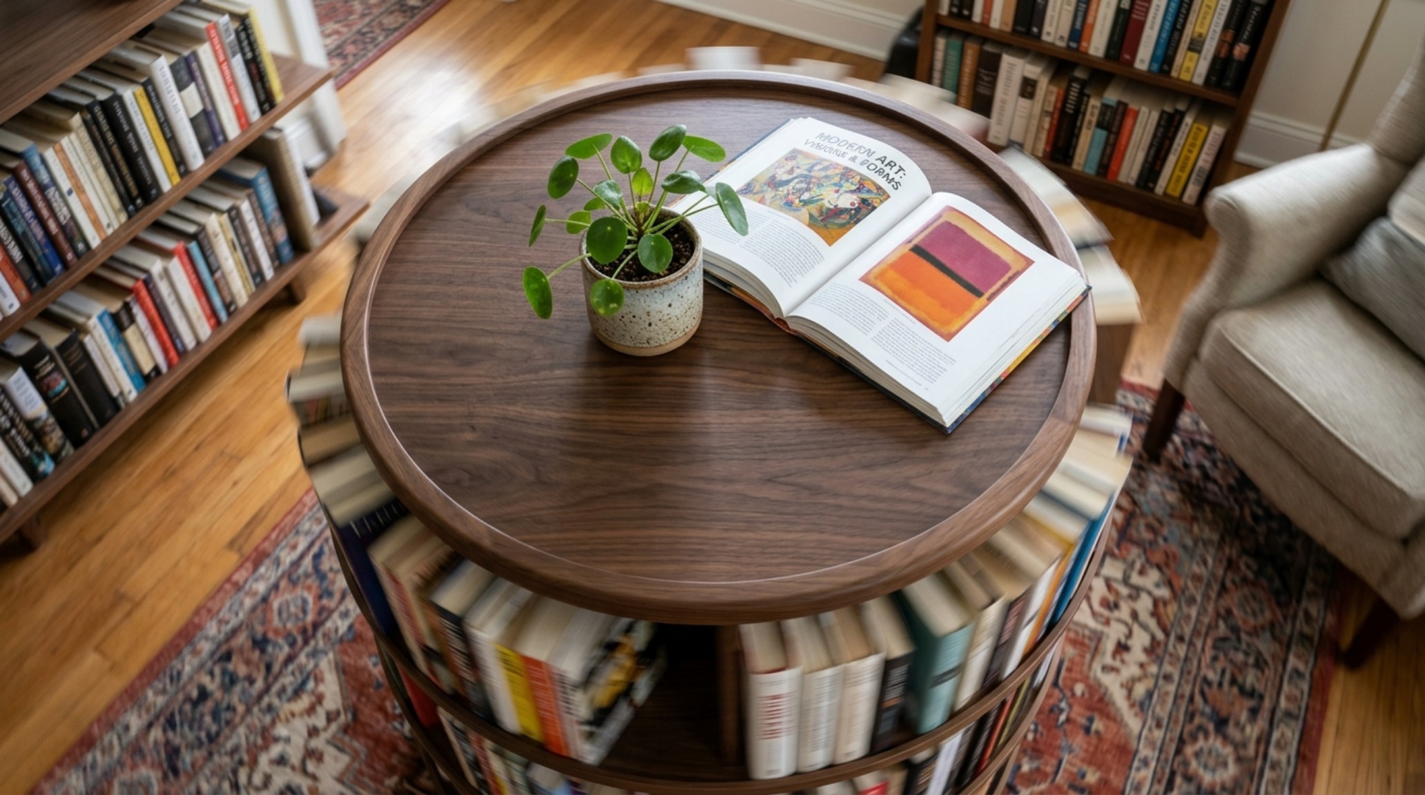 Detail shot of a 360-degree rotating book tower in blackened steel and oak, styled with high-end art books and architectural objects in a diffused natural light setting.