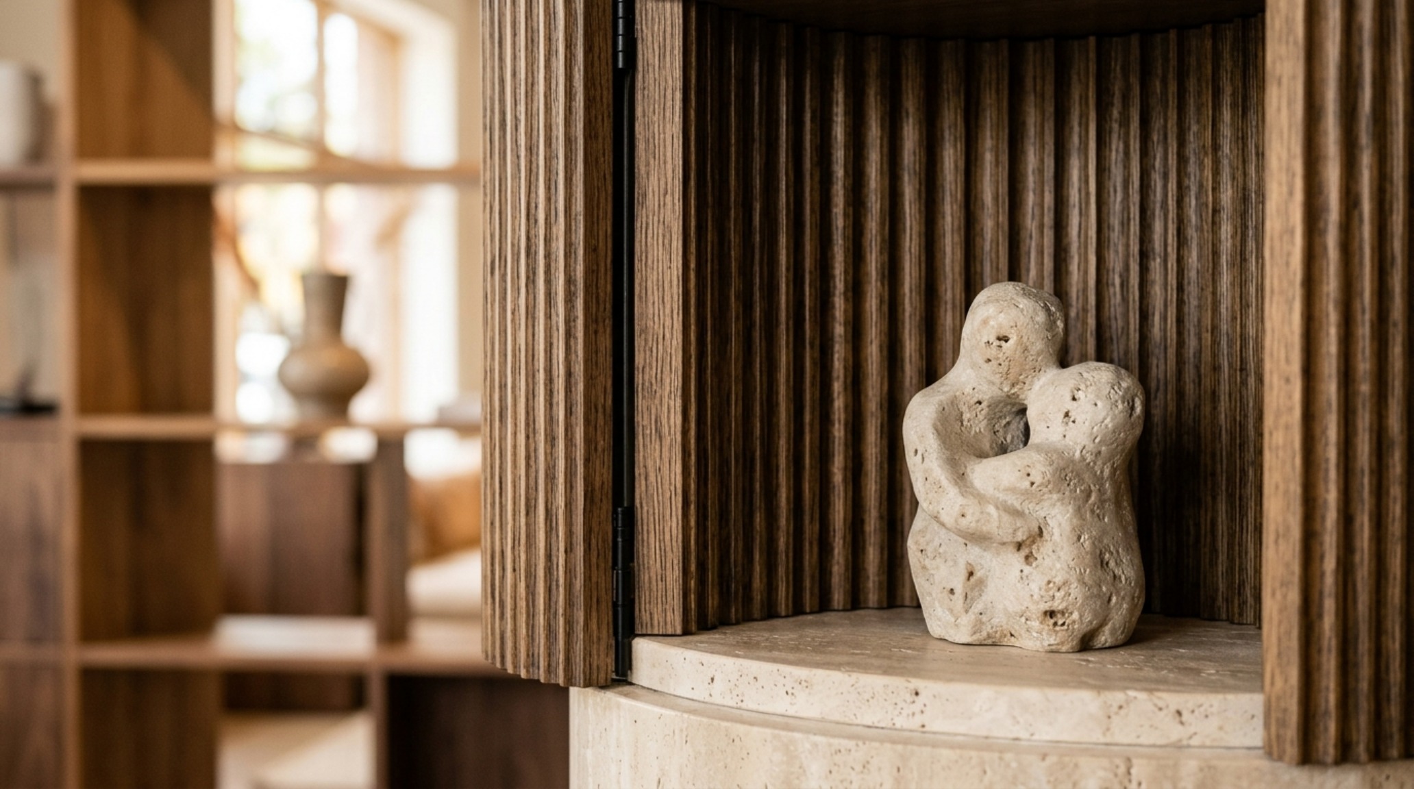 Macro detail of a rotating bookshelf's material palette, showcasing fluted oak texture, a piece of honed travertine, and a vintage brass object under soft light.