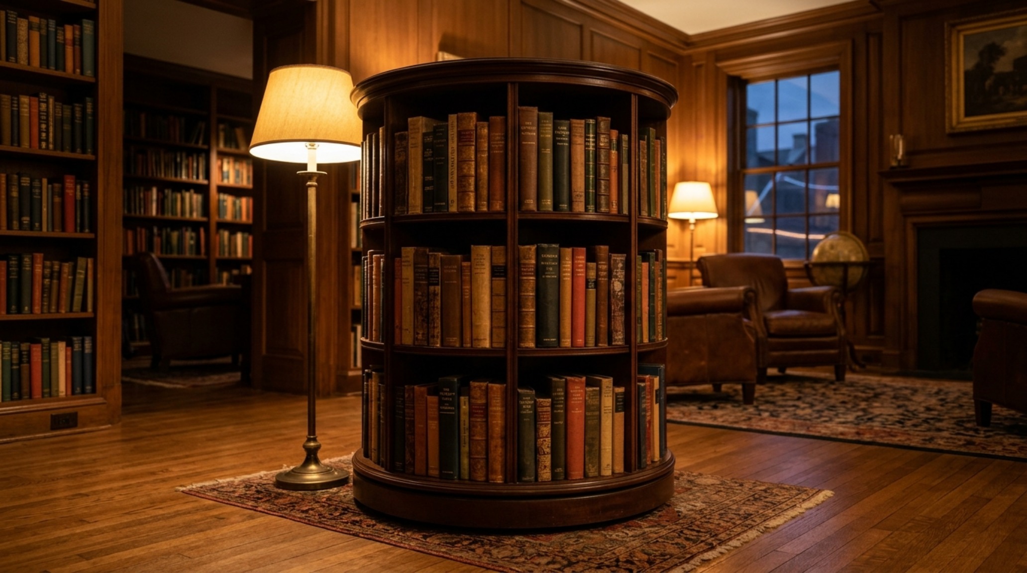 Atmospheric evening shot of a library nook with 2700K warm ambient lighting, highlighting the glow on book spines and the high CRI rendering of the materials.