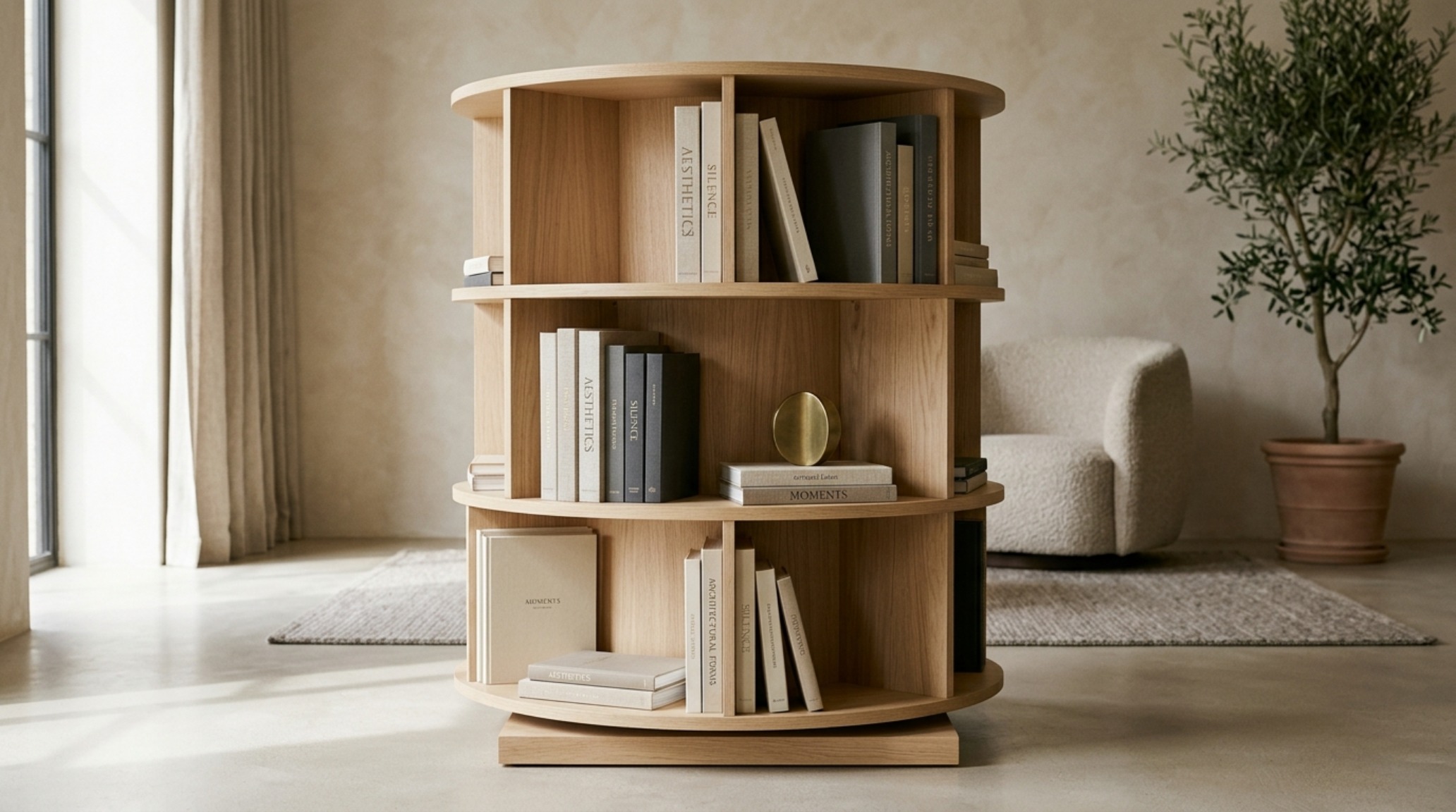 Minimalist styling of a kinetic book tower featuring negative space, tonal book groupings, and a single ceramic vase, emphasizing a quiet luxury aesthetic.