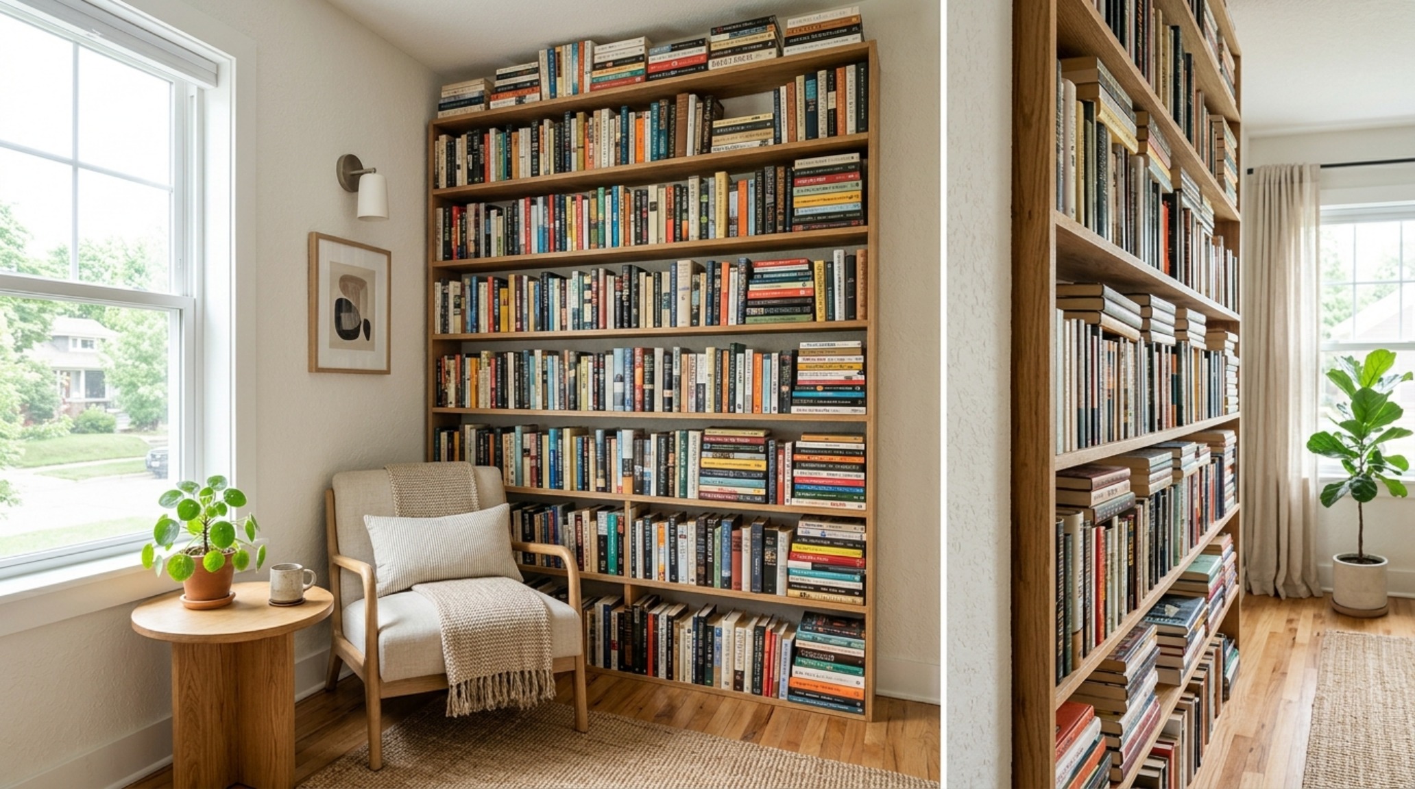 High-angle architectural view of a small apartment living room utilizing vertical book storage hacks to reclaim a dead corner without sacrificing floor space.