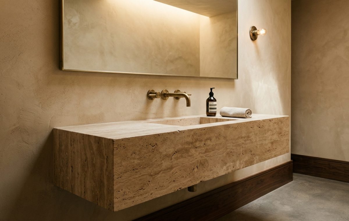 A floating honed travertine vanity in a luxury powder room with warm wall-wash lighting and a minimalist brushed brass faucet.