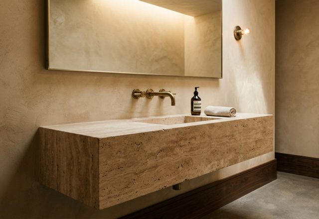 A floating honed travertine vanity in a luxury powder room with warm wall-wash lighting and a minimalist brushed brass faucet.