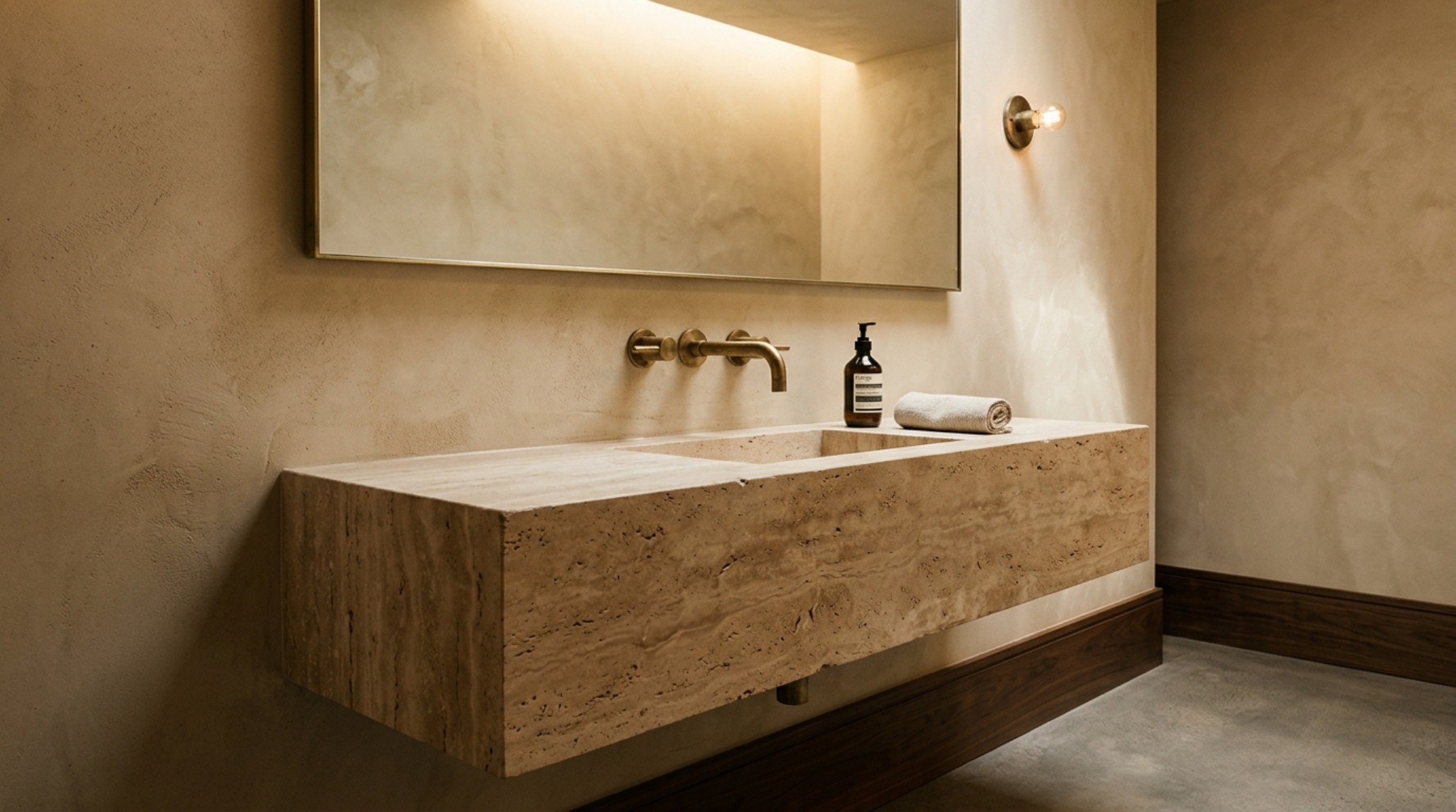 A floating honed travertine vanity in a luxury powder room with warm wall-wash lighting and a minimalist brushed brass faucet. A floating honed travertine vanity in a luxury powder room with warm wall-wash lighting and a minimalist brushed brass faucet.