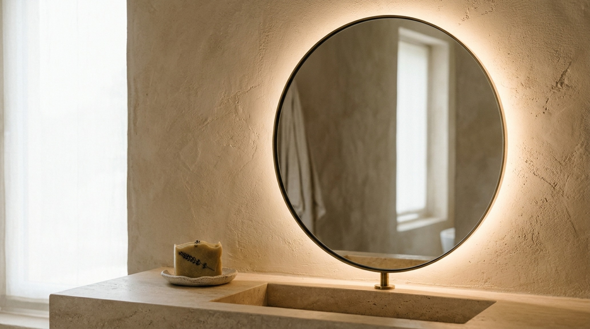 Editorial shot of a circular backlit mirror reflecting a textured limewash wall in a modern luxury bathroom setting. Editorial shot of a circular backlit mirror reflecting a textured limewash wall in a modern luxury bathroom setting.