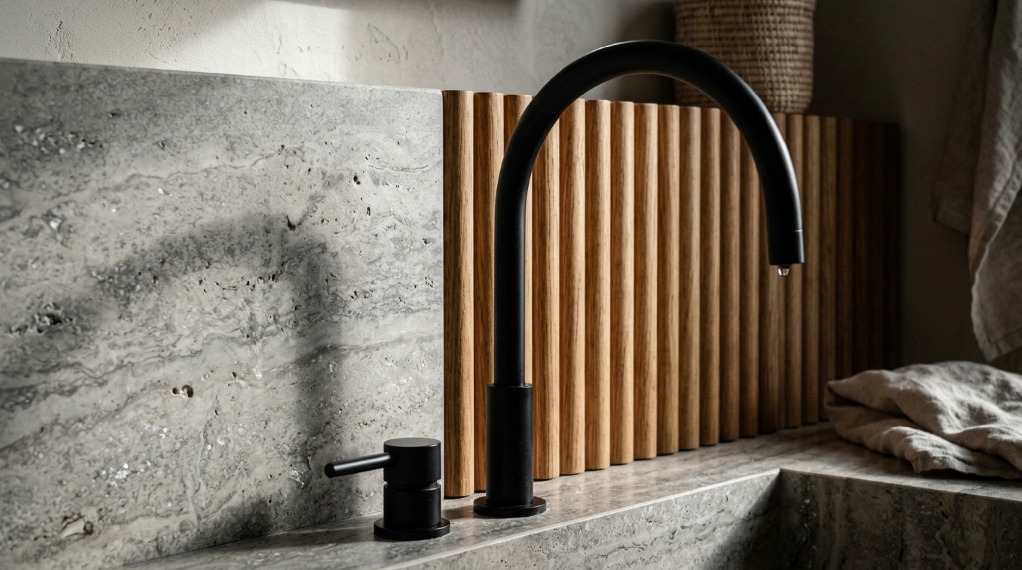 Honed silver travertine textures paired with aged brass accents in a sophisticated, minimalist architectural installation. Honed silver travertine textures paired with aged brass accents in a sophisticated, minimalist architectural installation.