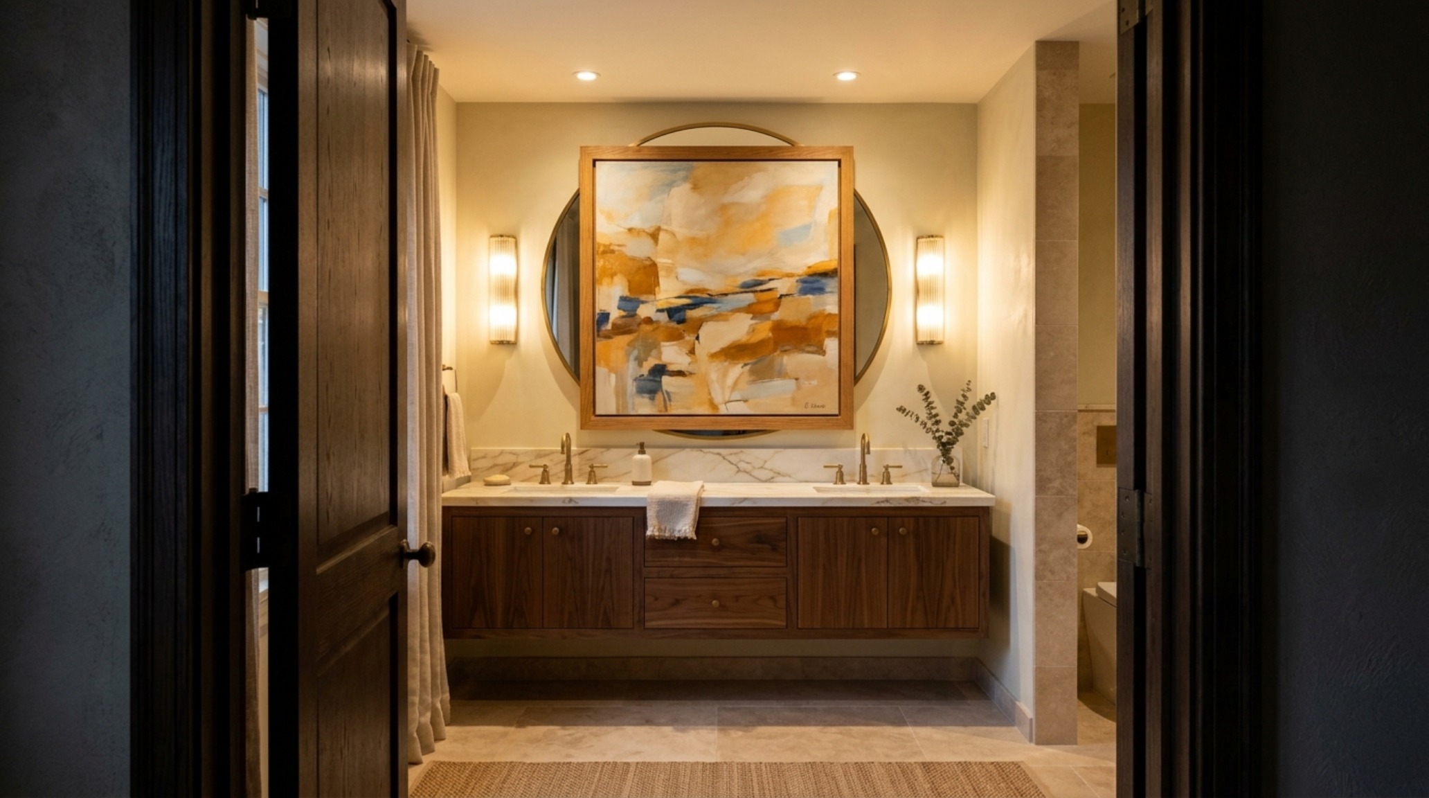 The rhythmic alignment of vertical lines in a designer bathroom, showcasing site-line mastery from the doorway perspective. The rhythmic alignment of vertical lines in a designer bathroom, showcasing site-line mastery from the doorway perspective.