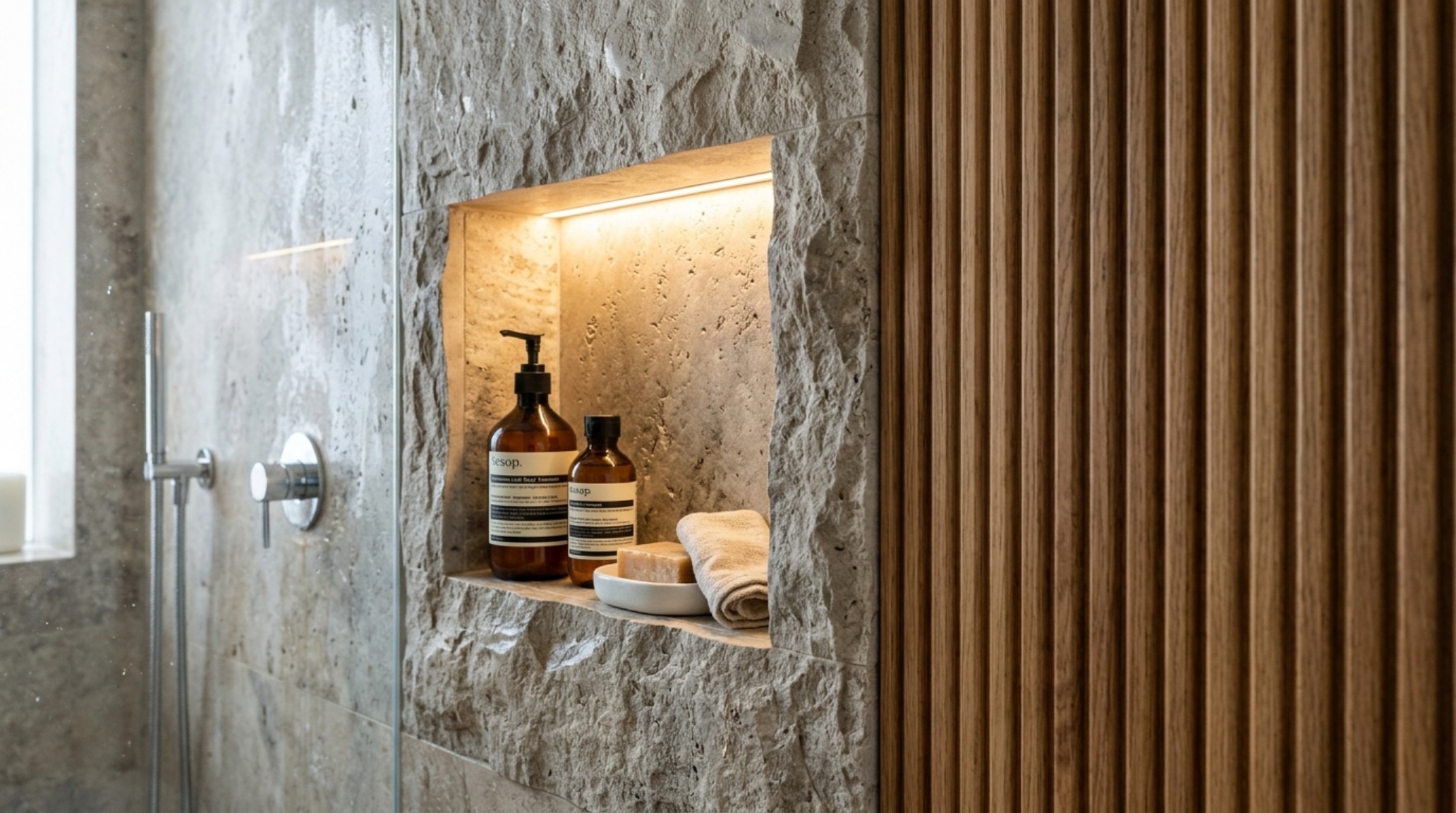 Detail of a recessed vanity niche with 2700K LED accent lighting casting a soft glow on organic modern materials. Detail of a recessed vanity niche with 2700K LED accent lighting casting a soft glow on organic modern materials.