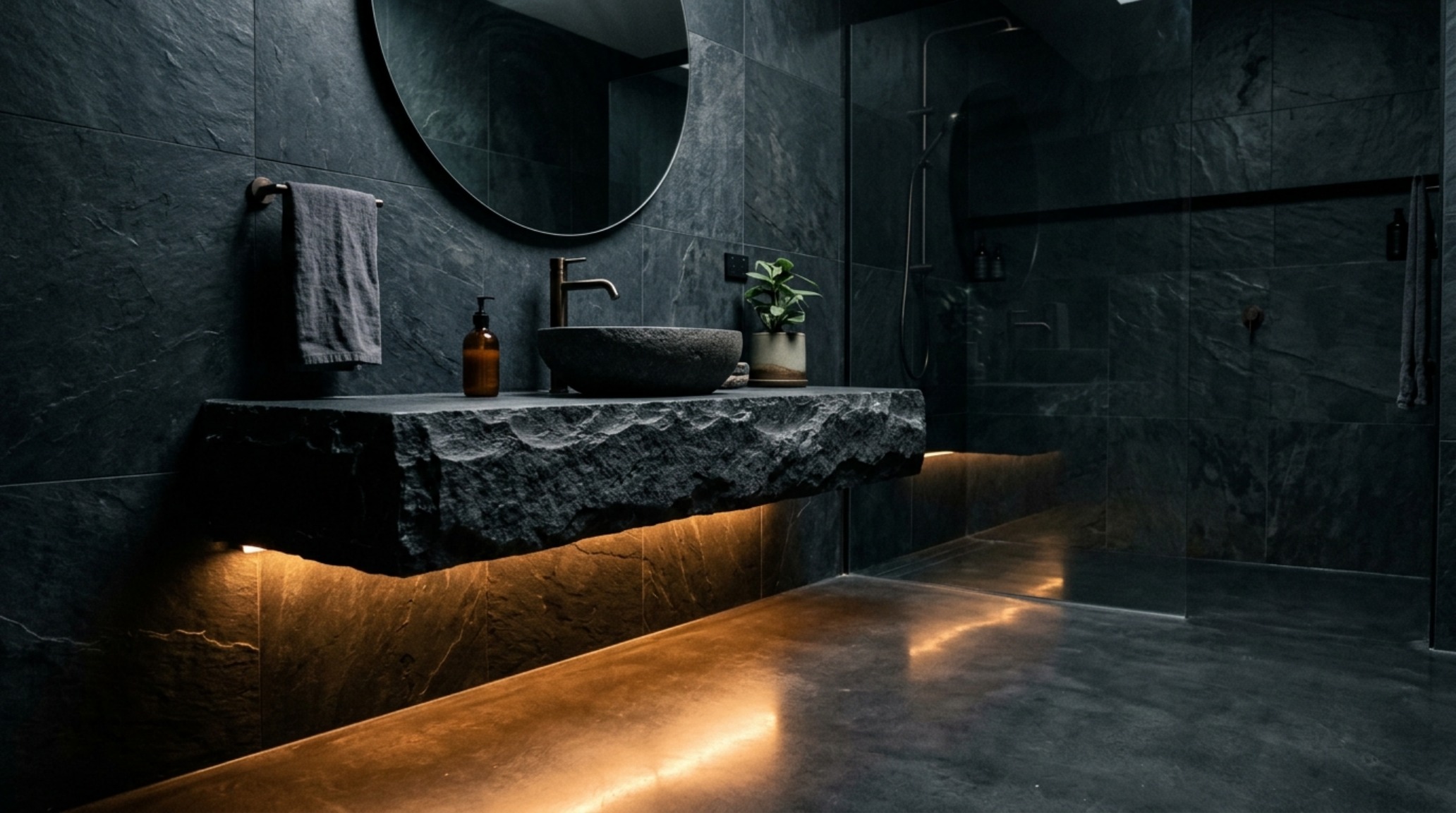 Modern bathroom design showing the levitation effect with a heavy stone vanity suspended above a continuous marble floor. Modern bathroom design showing the levitation effect with a heavy stone vanity suspended above a continuous marble floor.