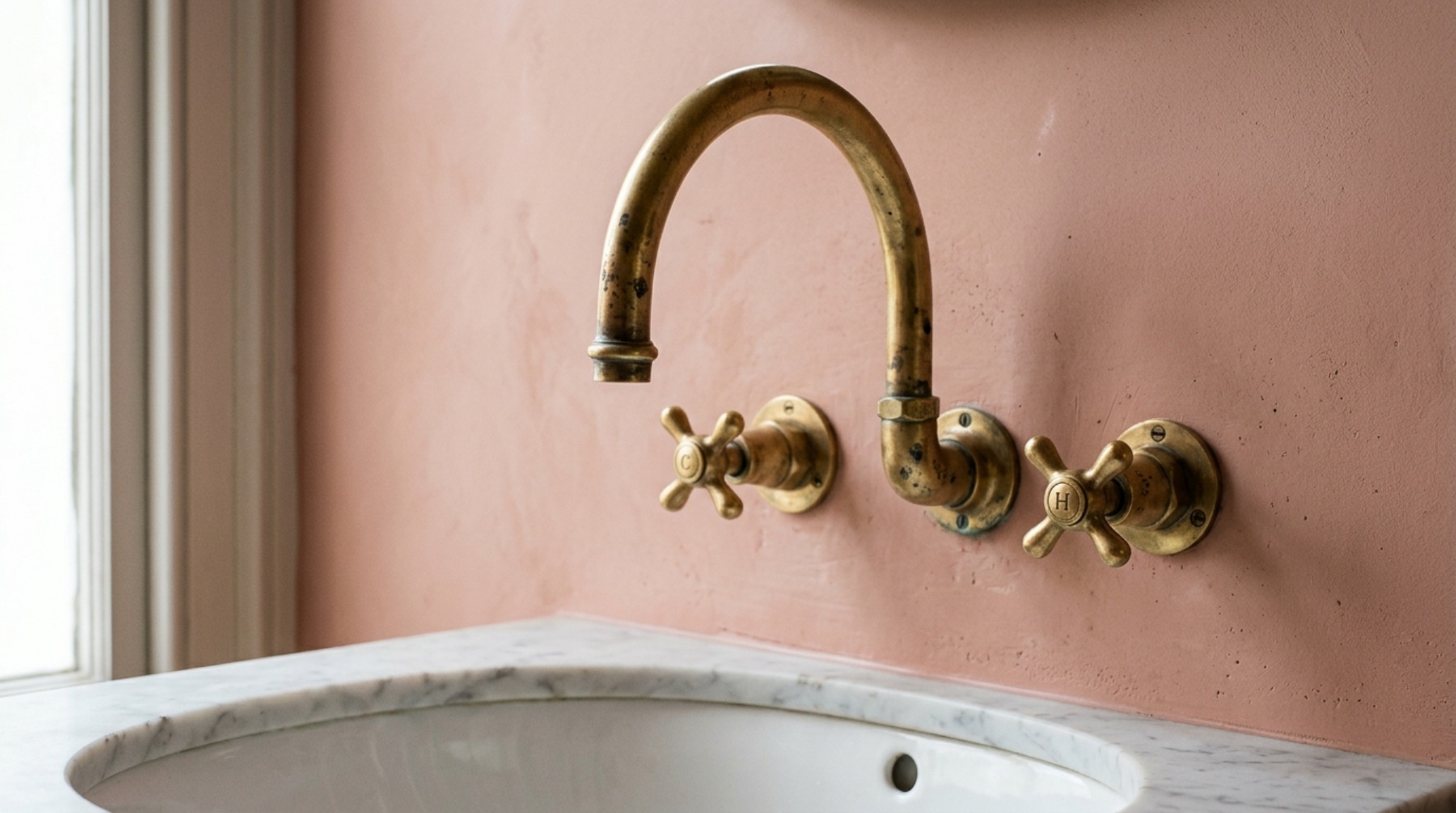 Quiet luxury interior featuring unlacquered brass hardware and Farrow & Ball Setting Plaster walls in a small space. Quiet luxury interior featuring unlacquered brass hardware and Farrow & Ball Setting Plaster walls in a small space.