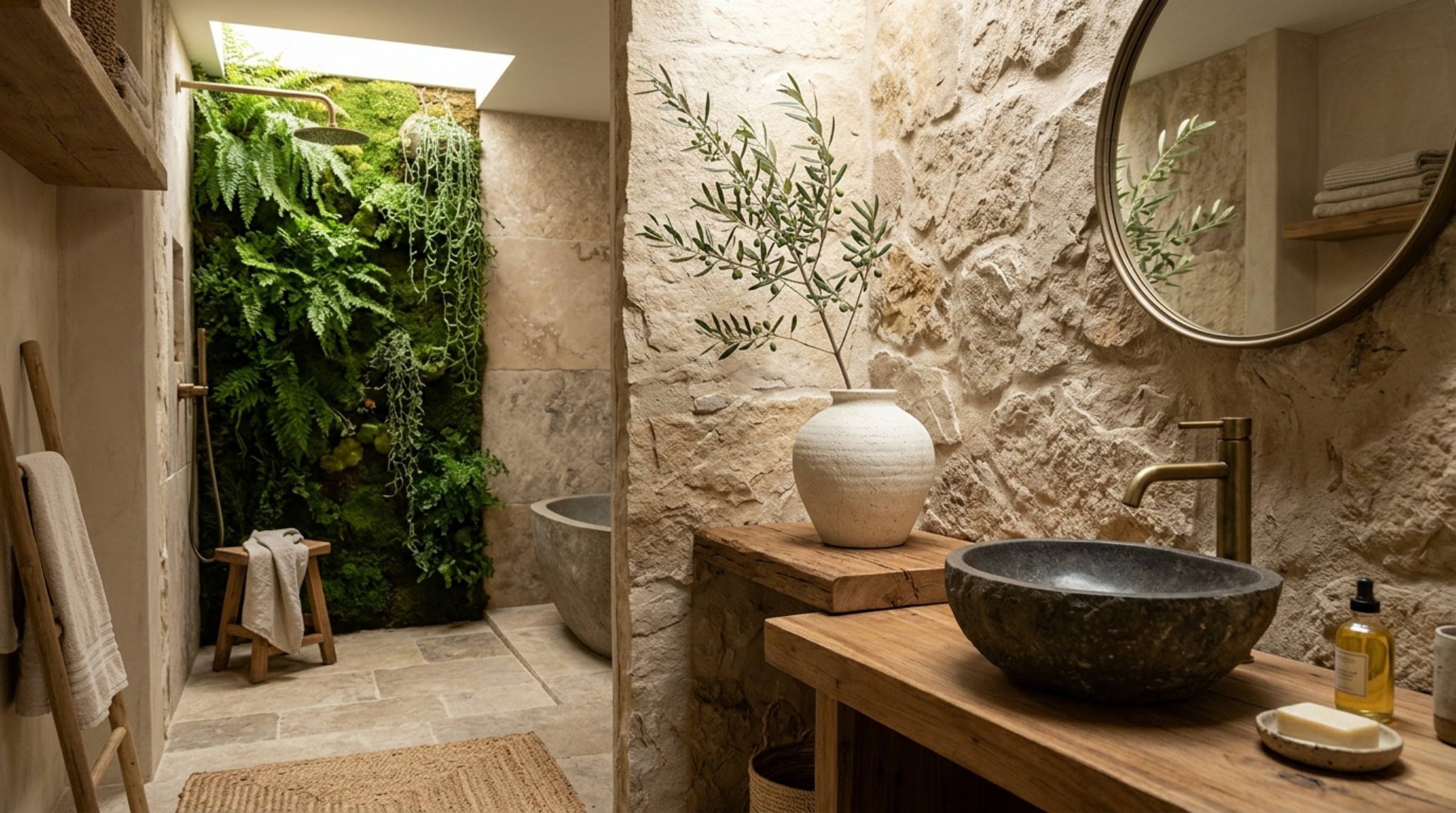 Biophilic spa design for 2024 with a small indoor plant and a hidden skylight providing natural top-down illumination. Biophilic spa design for 2024 with a small indoor plant and a hidden skylight providing natural top-down illumination.