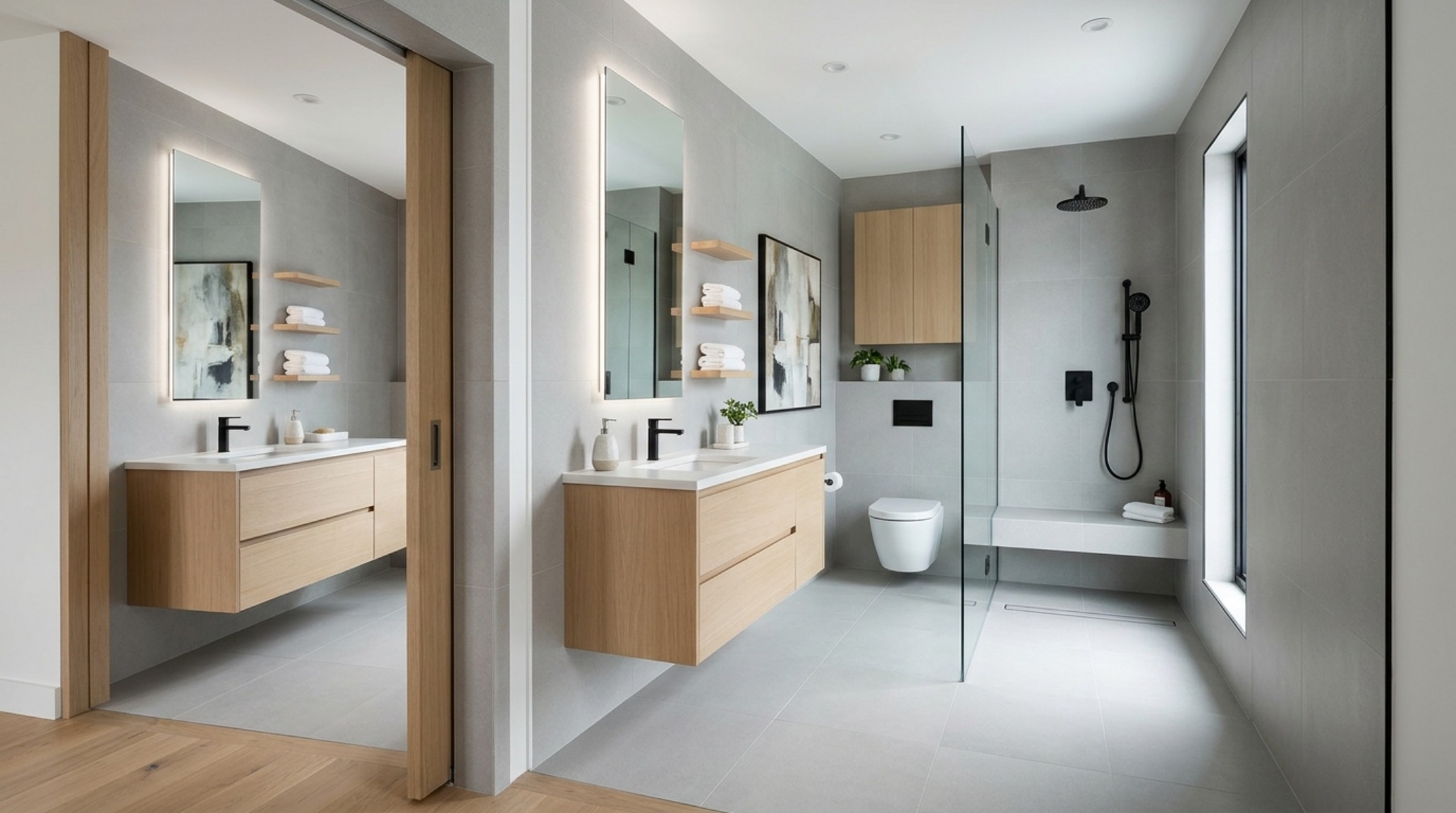 Spatial geometry in a tiny ensuite utilizing a pocket door and recessed storage to maximize every square inch of the blueprint. Spatial geometry in a tiny ensuite utilizing a pocket door and recessed storage to maximize every square inch of the blueprint.