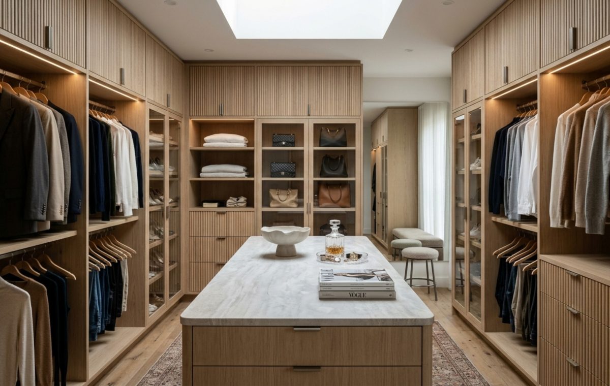 A spacious walk-in closet featuring floor-to-ceiling fluted white oak cabinetry and a central island with a honed travertine top under natural skylight.