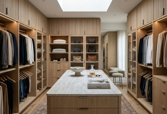 A spacious walk-in closet featuring floor-to-ceiling fluted white oak cabinetry and a central island with a honed travertine top under natural skylight.
