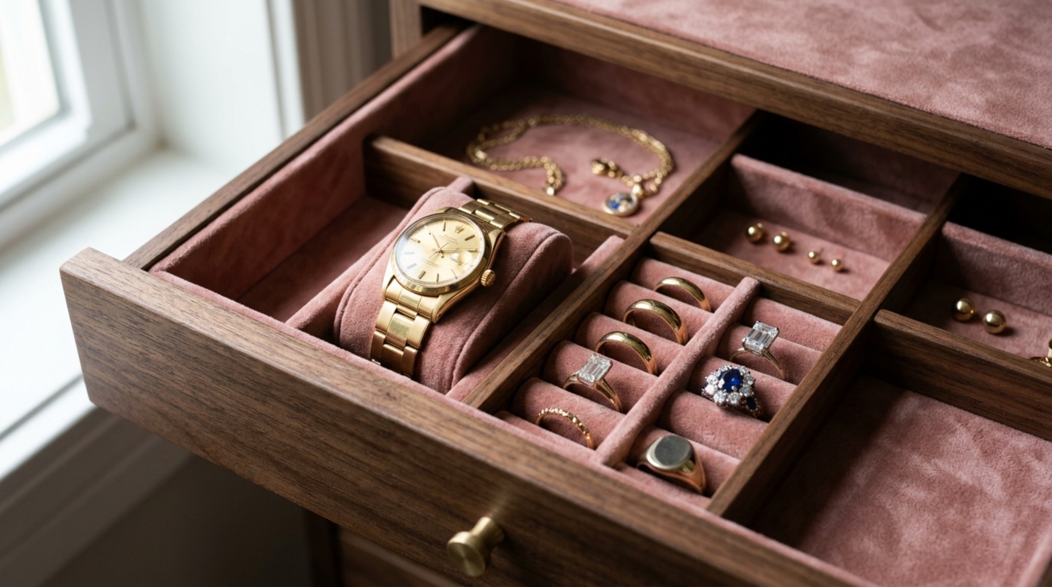 Bespoke jewelry drawer with custom divisions and a soft Setting Plaster pink microsuede lining for luxury tactile grounding.