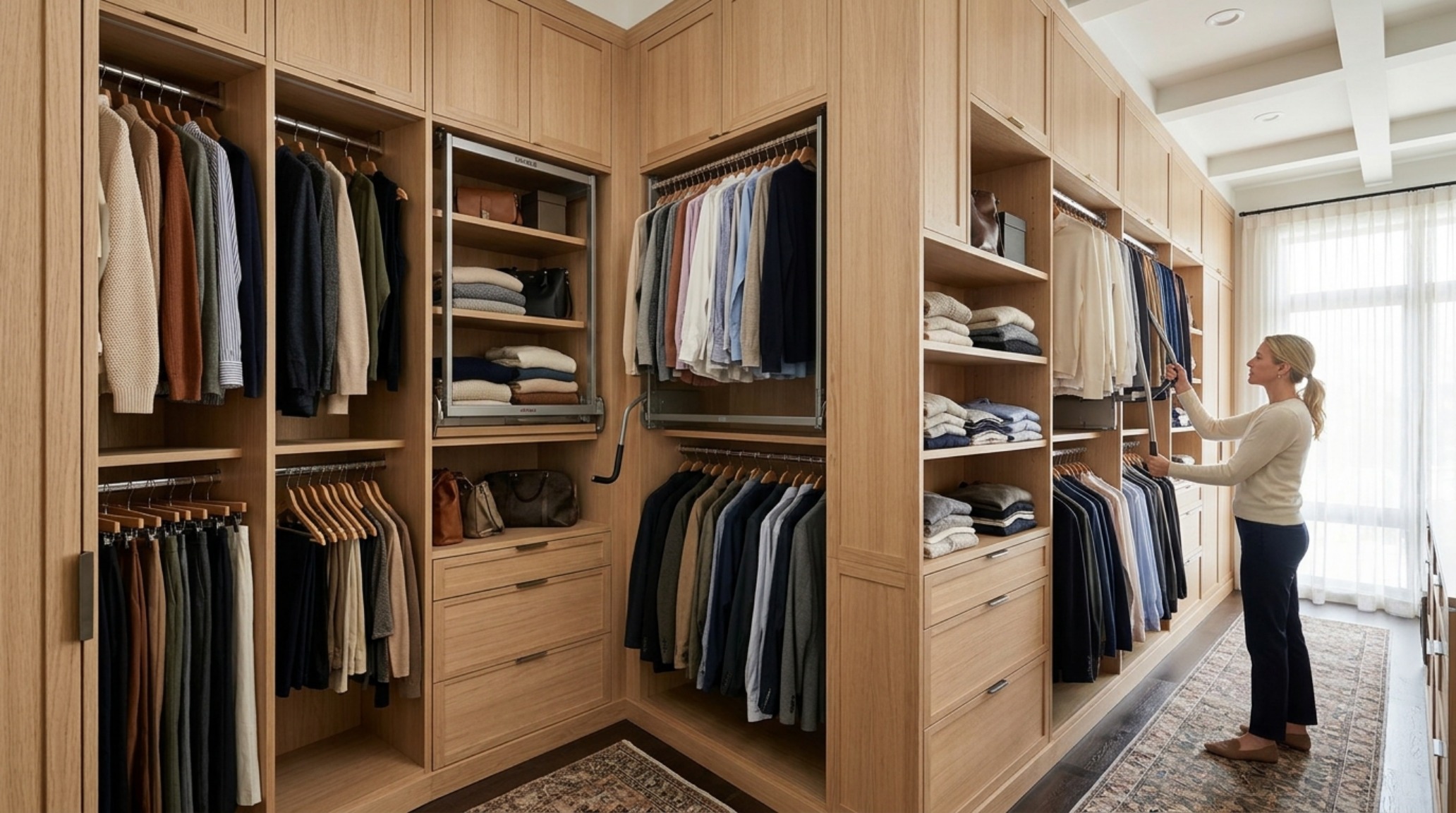 A multi-level hanging system in a master closet showing proper ergonomics with a pull-down rod for high-altitude storage access.