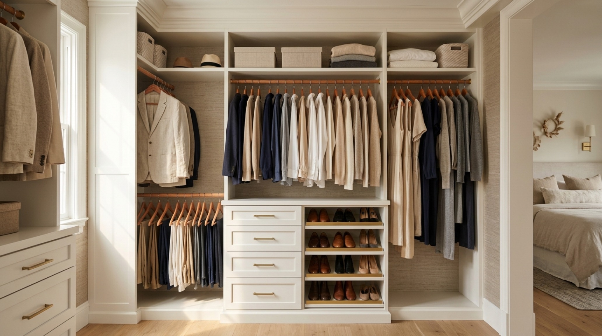 Detail shot of a reach-in closet with brushed brass hardware and a subtle textured wallpaper background, demonstrating thoughtfully designed closets that will organize decor ideas.