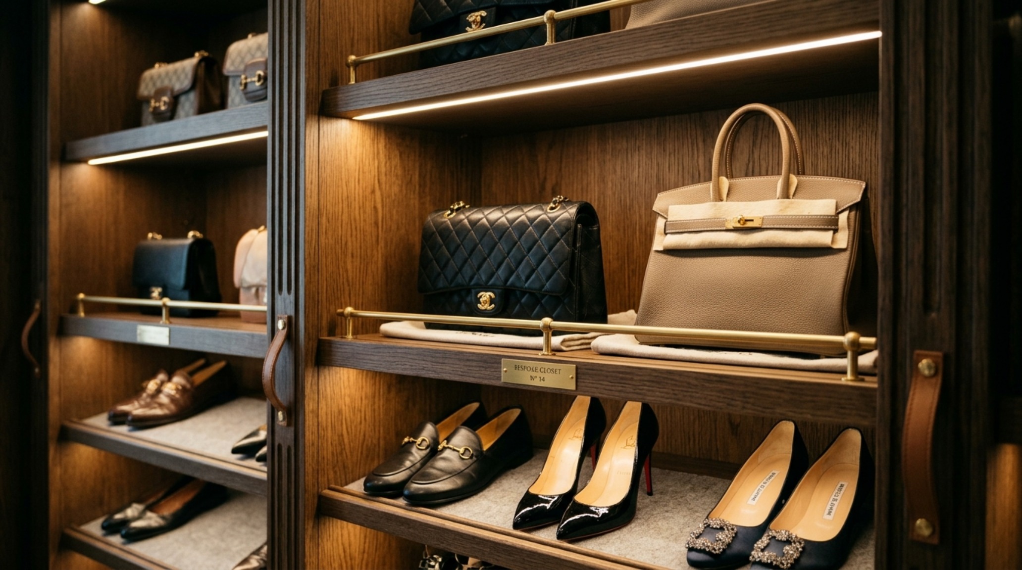 Sophisticated closet lighting setup using 2700K integrated LED strips in recessed channels highlighting a collection of designer shoes and bags.