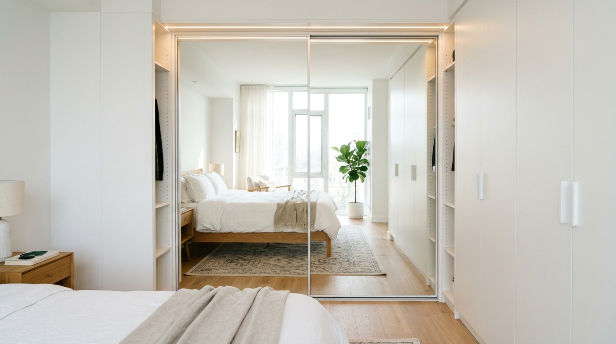 A small space closet solution utilizing floor-to-ceiling mirrored doors and slimline uniform hangers to maximize the perception of spatial flow.