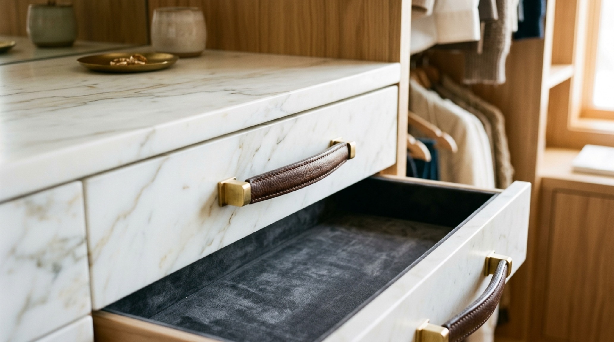 Close-up of luxury closet materials including a marble-topped vanity, leather-wrapped drawer pulls, and velvet-lined accessory trays.