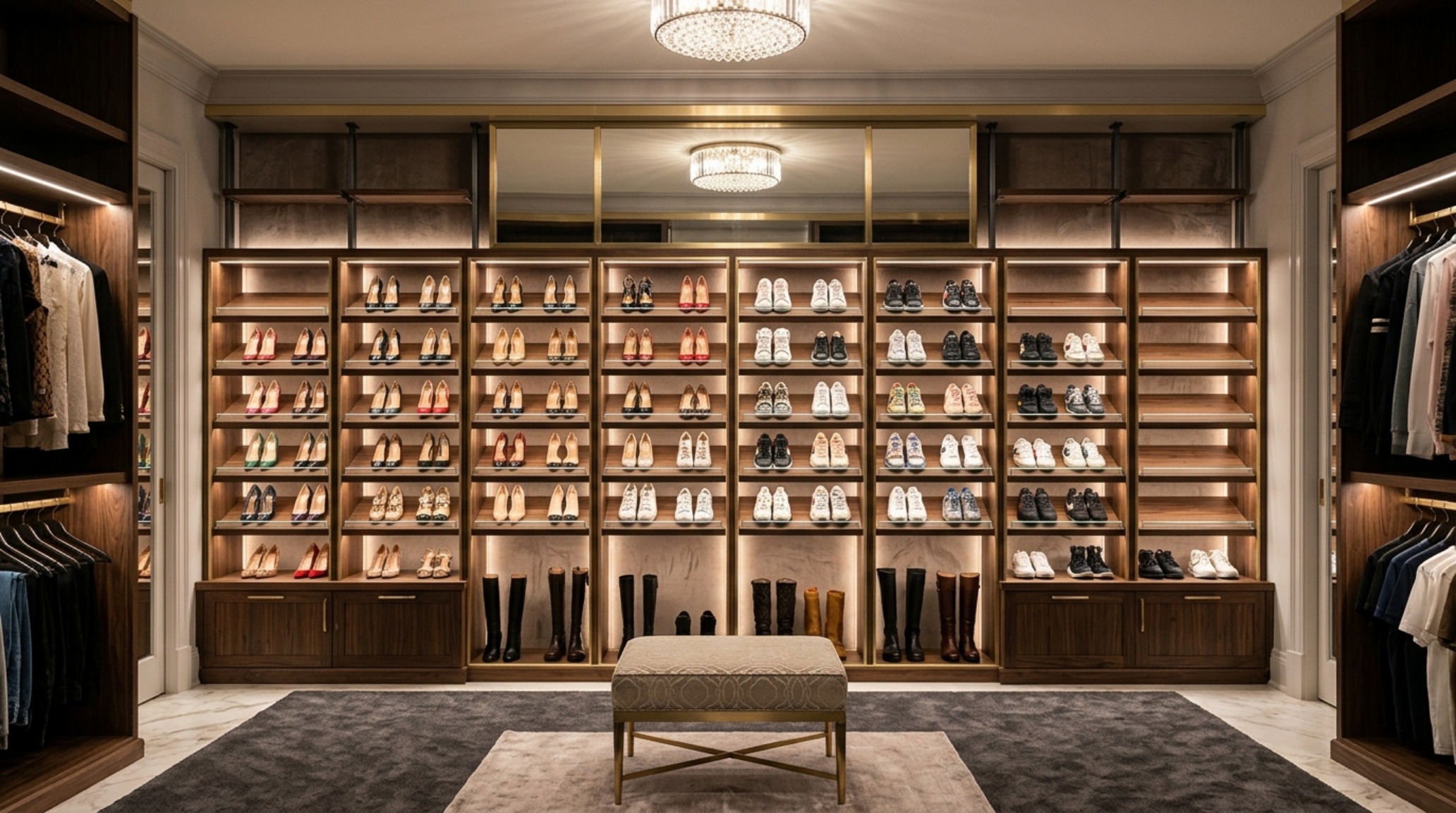 Custom shoe display with angled shelving and integrated lighting, showcasing thoughtfully designed closets that will organize decor ideas layout.