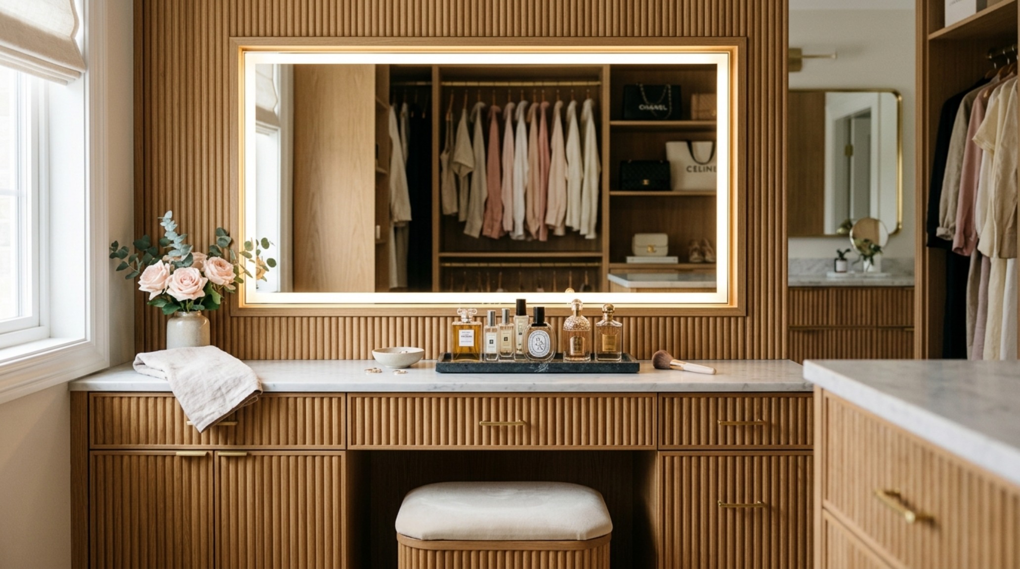 Integrated vanity area within a walk-in closet featuring a high CRI 90+ lighted mirror and fluted wood detailing.