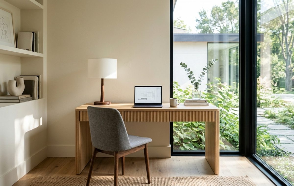 modern trendy office decor ideas featuring a fluted white oak desk positioned for optimal sightline alignment and natural window light