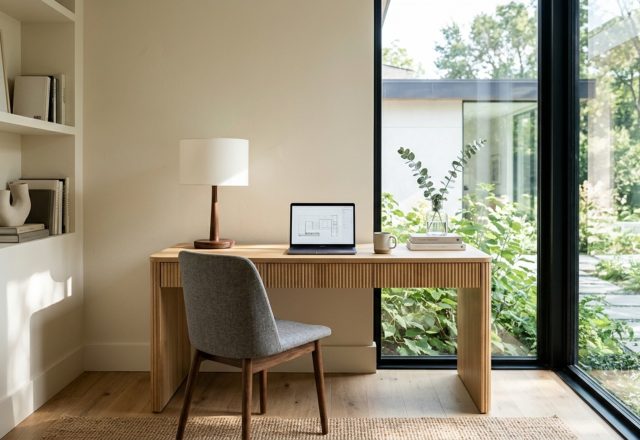 modern trendy office decor ideas featuring a fluted white oak desk positioned for optimal sightline alignment and natural window light
