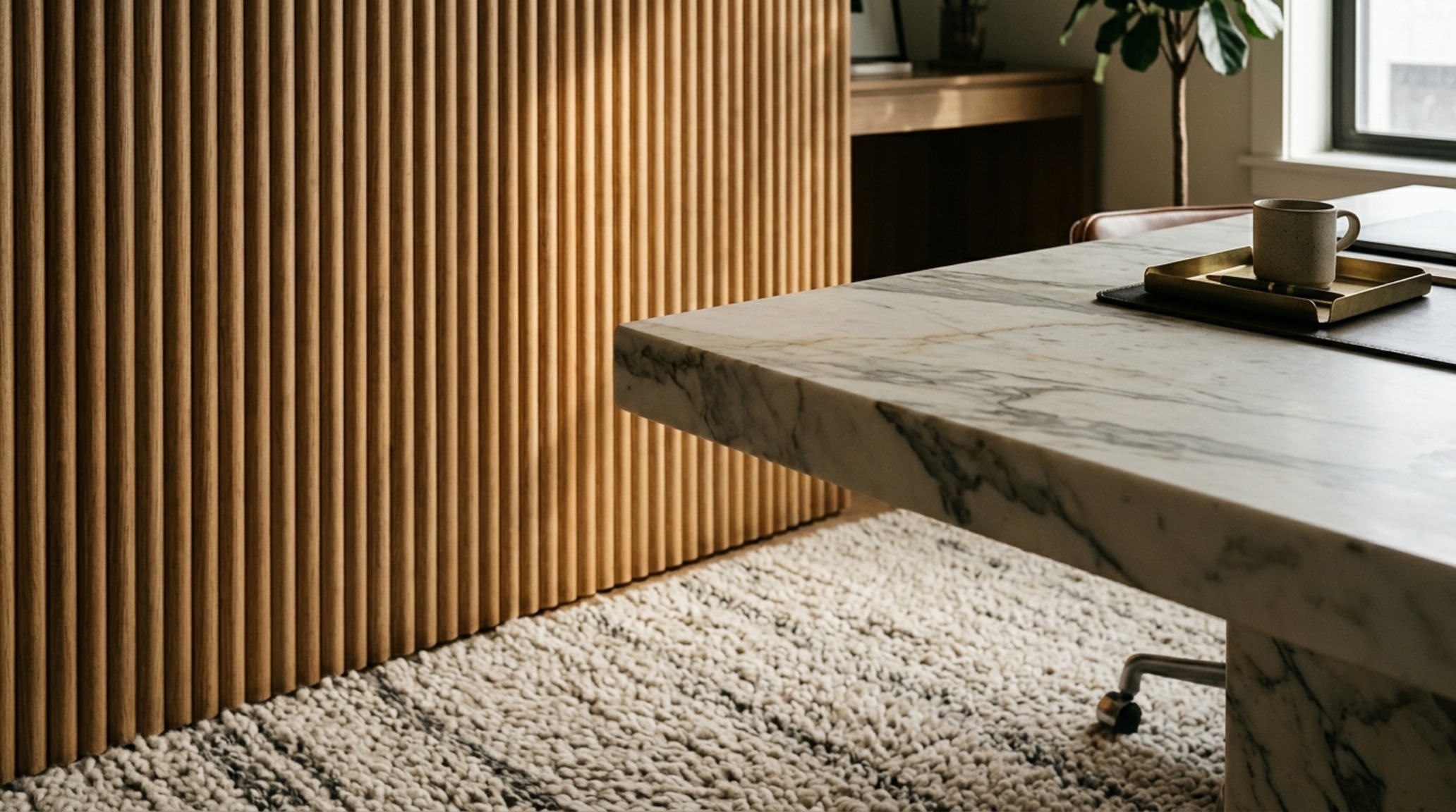 luxury trendy office decor textures including a close-up of velvet upholstery and ribbed wood paneling for tactile grounding