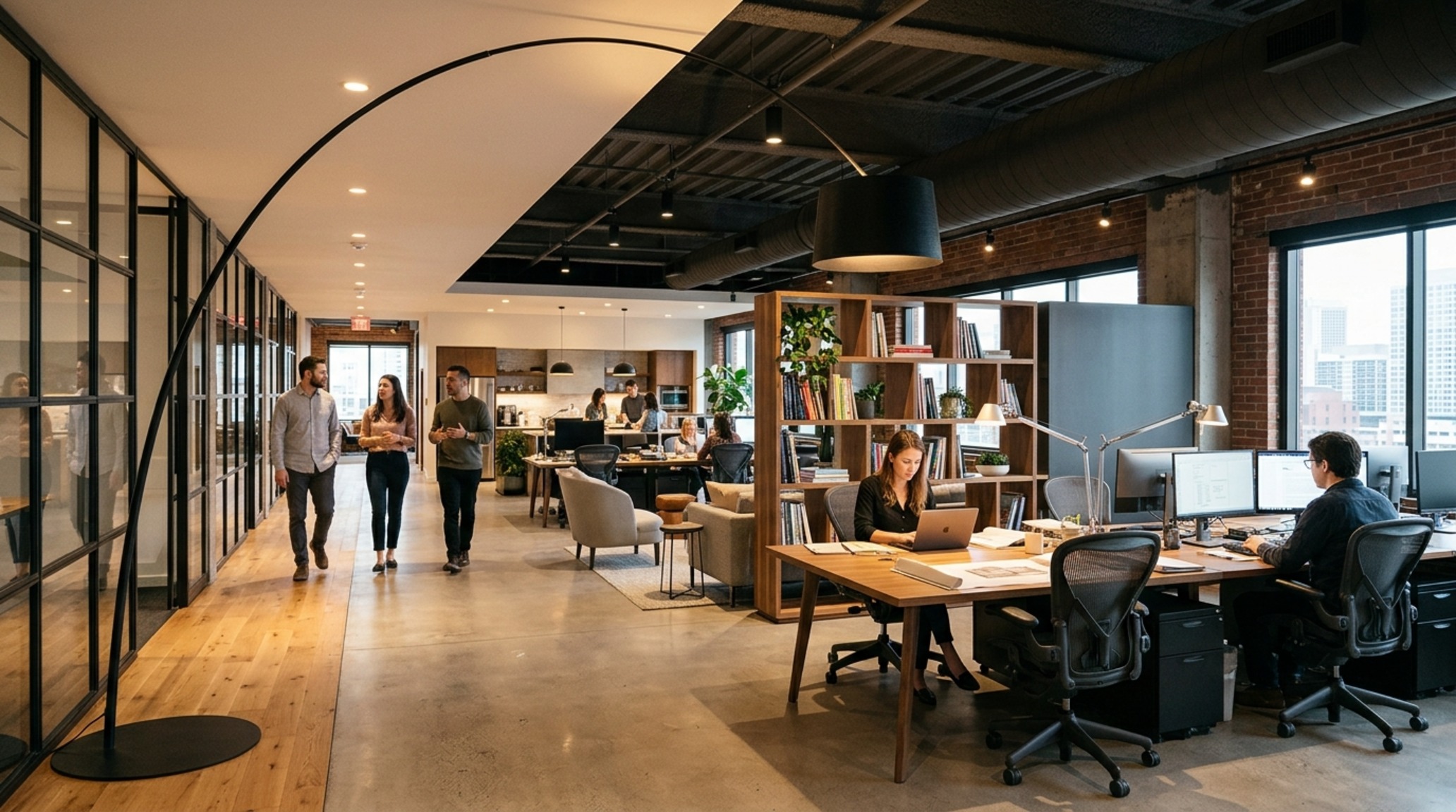 trendy office decor lighting guide showing a dimmable architectural arc lamp illuminating a primary circulation path