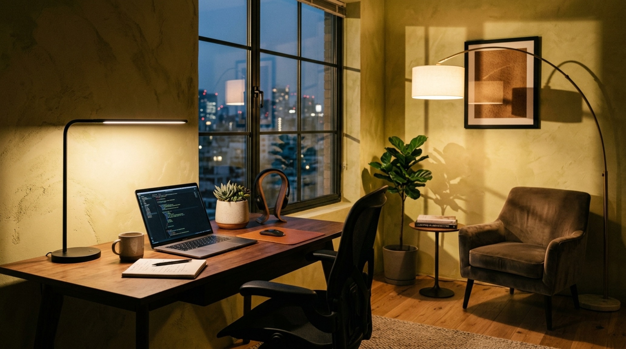 trendy office decor lighting guide demonstrating layered 2700K ambient and 3000K task lighting to create architectural shadow play