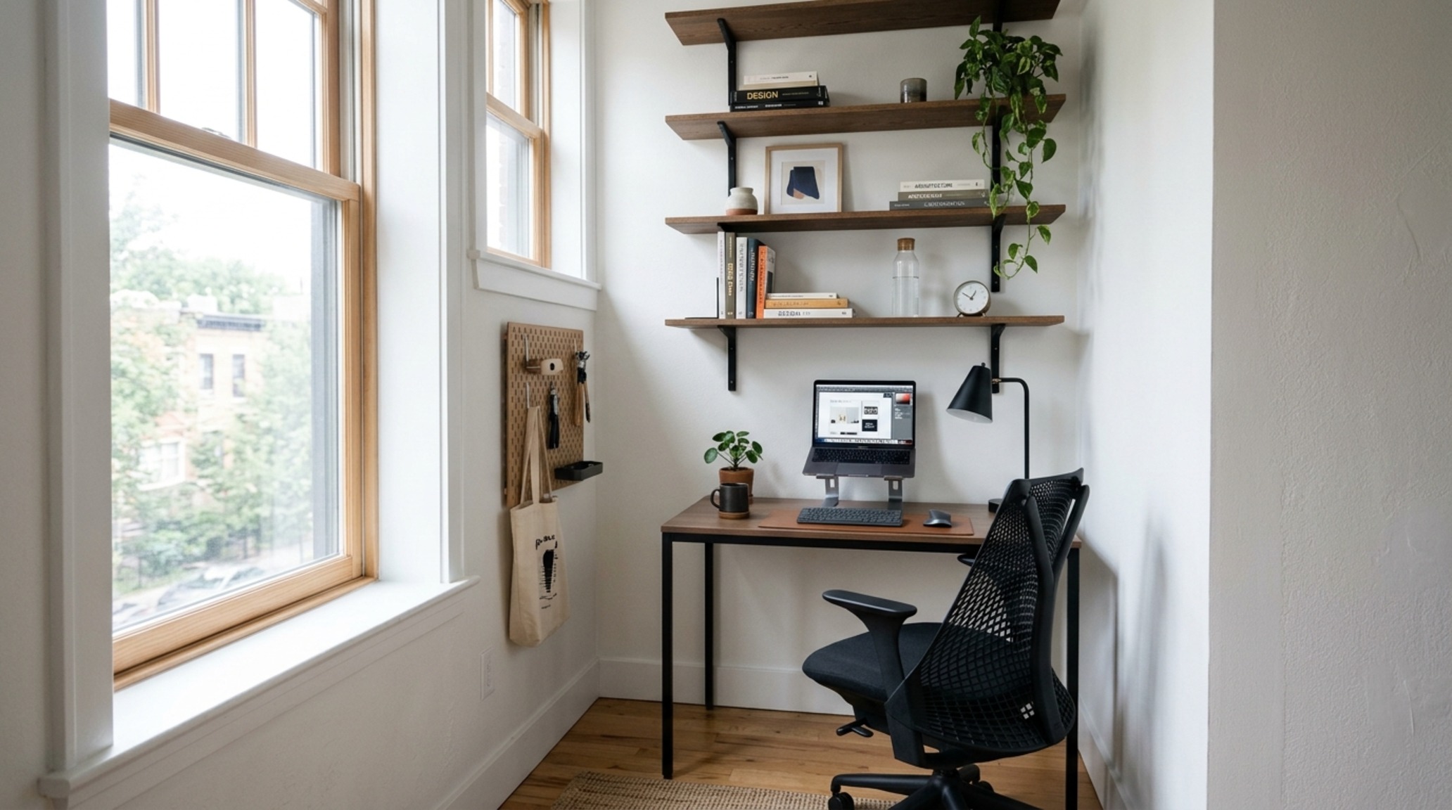 small space trendy office decor with a slim-profile mesh task chair and a minimalist vertical shelving unit in a compact nook