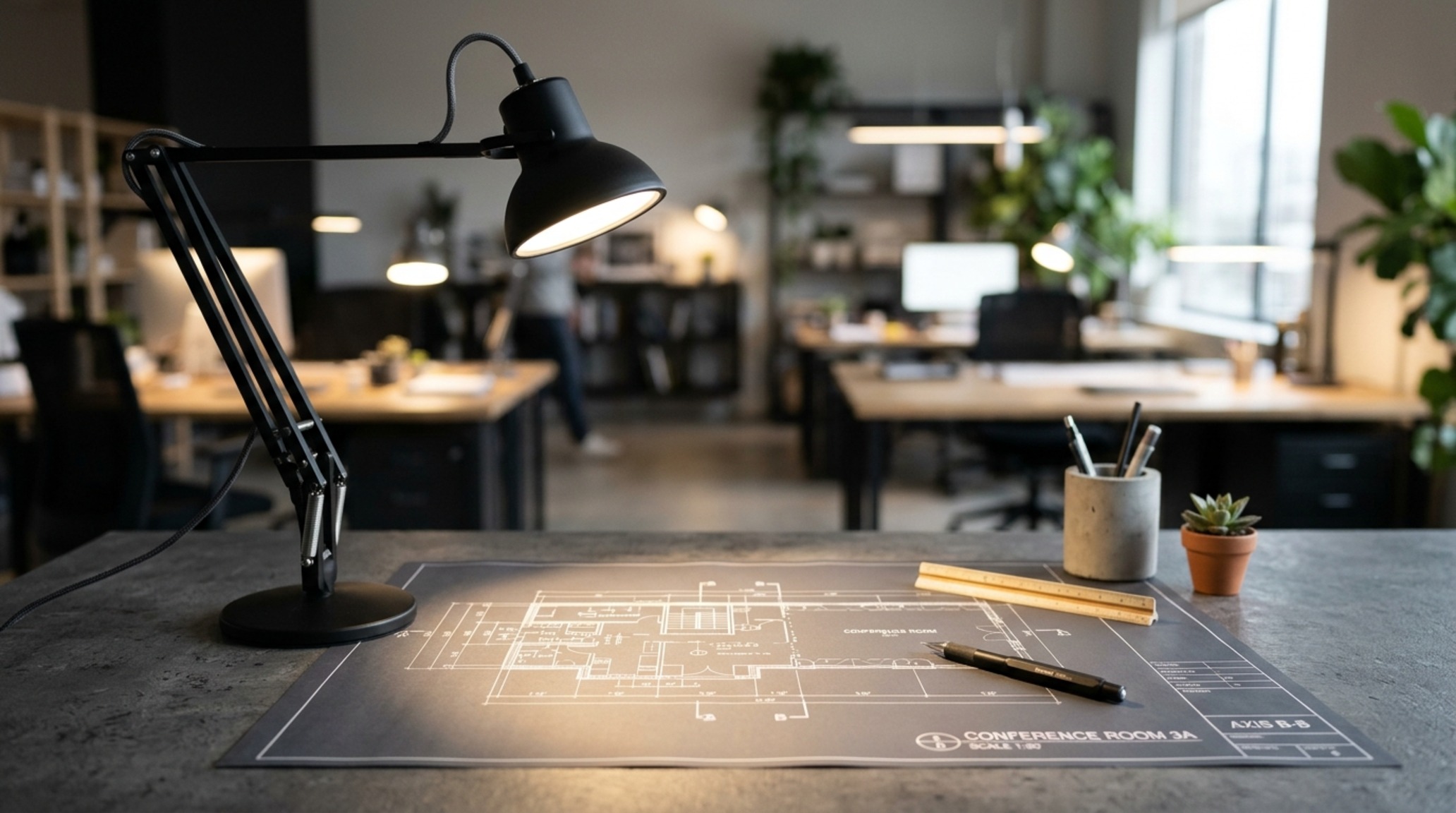 trendy office decor lighting guide featuring a high CRI 92+ task lamp casting a sharp directional glow over a matte black work surface