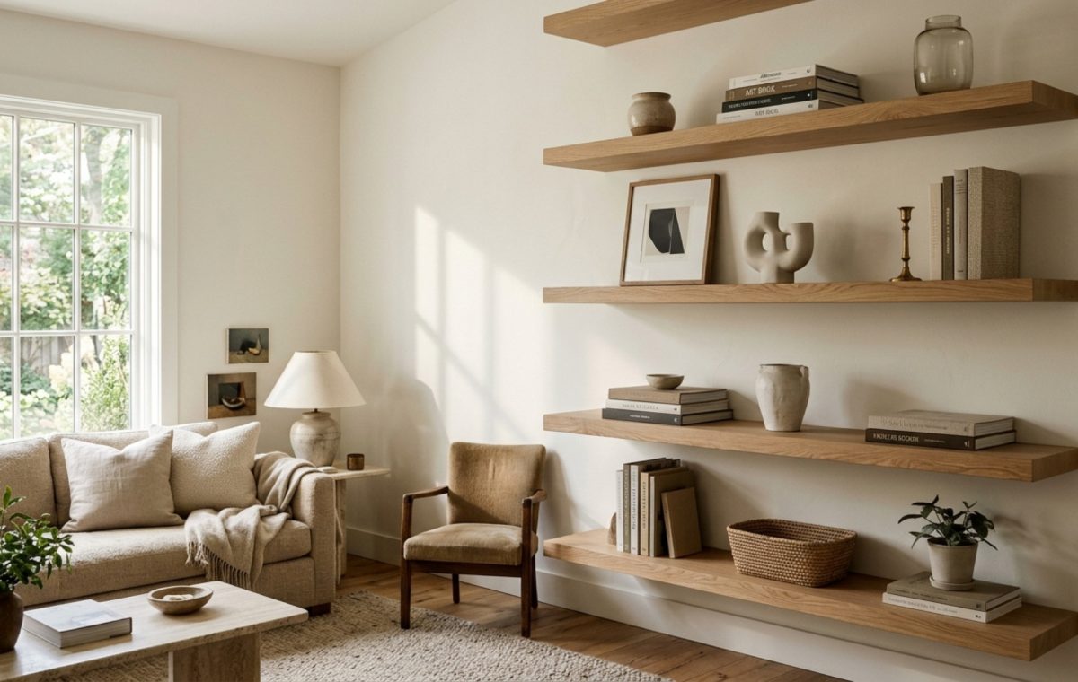 Sophisticated living room floating shelves ideas featuring three-tier white oak ledges styled with the Triangle Method, set against a warm Benjamin Moore Swiss Coffee limewash wall with soft morning sunlight.