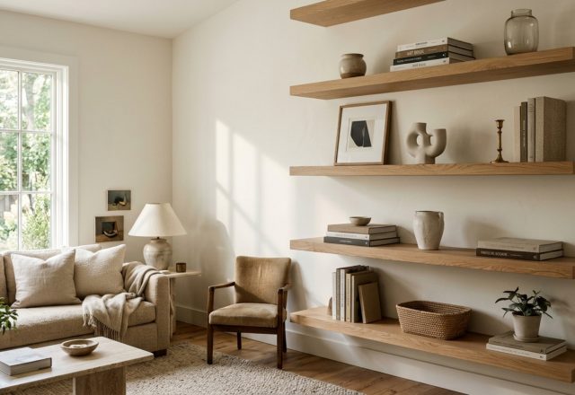Sophisticated living room floating shelves ideas featuring three-tier white oak ledges styled with the Triangle Method, set against a warm Benjamin Moore Swiss Coffee limewash wall with soft morning sunlight.